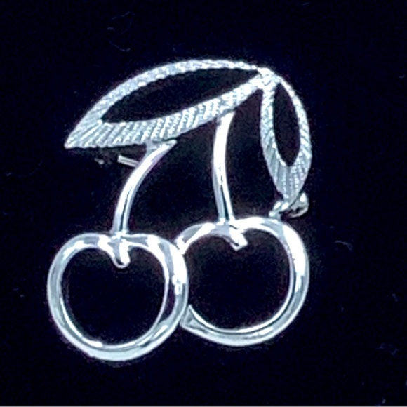 Jewelry - Silvertone Cherry Brooch